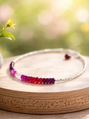 Handmade Spinel Rhodolite Bracelet, Karen Hill Tribe Pure Silver, 7.1-7.9"